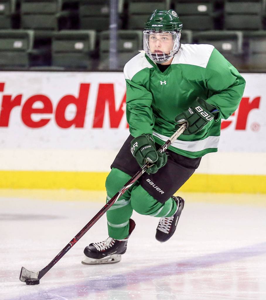 Maks Bure of the Everett Jr. Silvertips runs through a drill during a team practice on Jan. 31 at Angel of the Winds Arena in Everett. (Kevin Clark / The Herald)