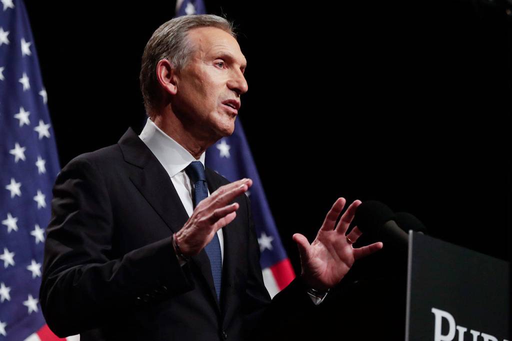 Former Starbucks CEO Howard Schultz speaks Thursday at Purdue University in West Lafayette, Indiana. (AP Photo/Michael Conroy)