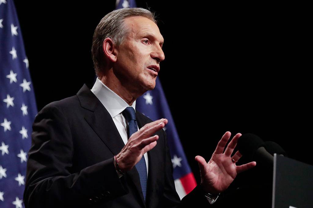 Former Starbucks CEO Howard Schultz speaks Thursday at Purdue University in West Lafayette, Indiana. (AP Photo/Michael Conroy)