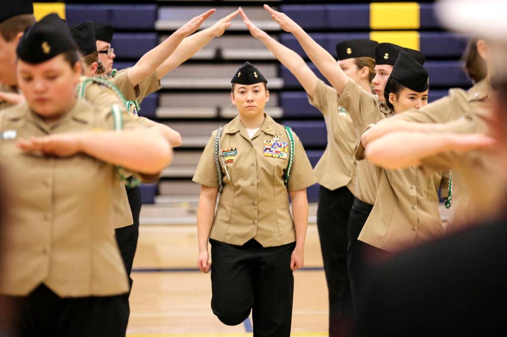 Port Angeles Makayla Peabody leads the unarmed drill team during the Northwest JROTC Drill and Rifle Competition at Everett High School in Everett on Jan. 26. (Kevin Clark / The Herald)