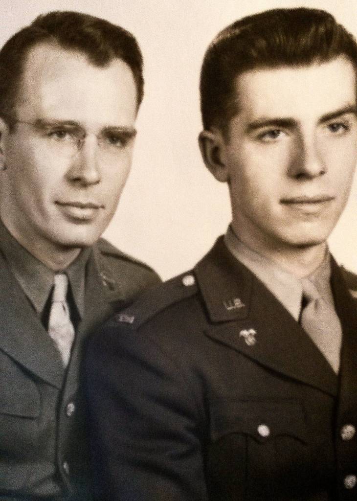 Richard Ahrens (right), Julie Muhlsteins father, with his older brother Frederick Ahrens during World War II. Richard Ahrens, who turned 96 Tuesday, landed at Normandy 17 days after D-Day and served with the Armys 42nd Infantry Rainbow Division. (Ahrens family photo)