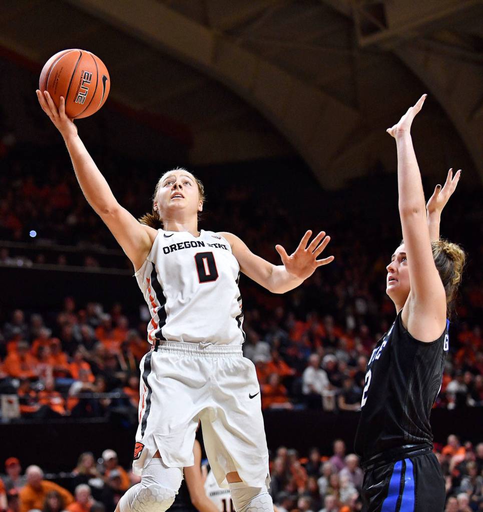 Lynnwood High School graduate Mikayla Pivec is a starting guard for the 12th-ranked Oregon State womens basketball team. (Scobel Wiggins photo)