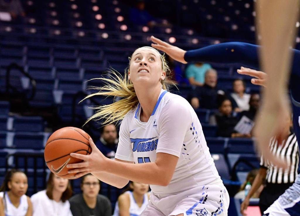 Snohomish High School graduate Madison Pollock averages 10.9 points and 6.1 rebounds per game for the University of San Diego. (Anna Scipione/University of San Diego Athletics)
