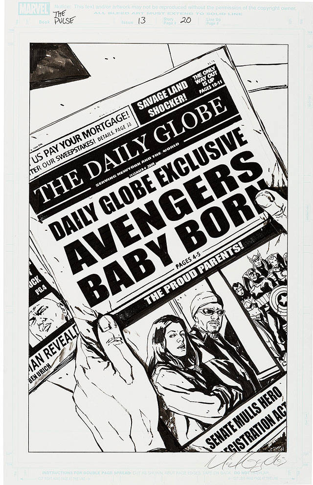 Jessica Jones and Luke Cage  both of whom would go on to headline Netflix shows  originally became a couple in the pages of Marvel comic books. This original art by Michael Gaydos from The Pulse No. 13 (Marvel, 2006) is included in Russell Day Gallerys Sequential Reaction: A History of the American Comic Book exhibit, running Feb. 19 to March 14 in Everett.