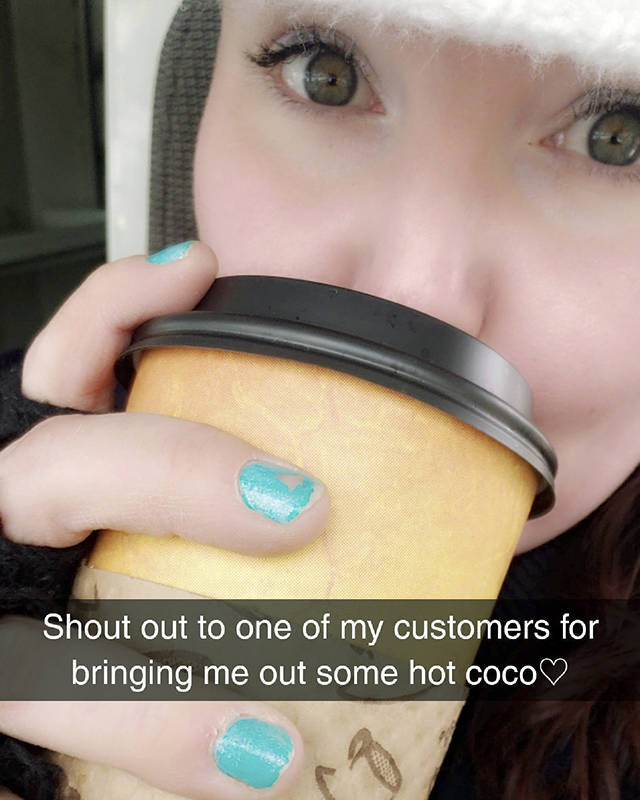 Mail carrier Melissa Wheeler posted on Facebook that a customer brought her some very hot hot chocolate. Totally made my day and helped dethaw me a little, she wrote. (Melissa Wheeler / Facebook)