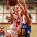 Snohomishs Maya DuChesne attempts a layup with Ferndales Nicole Guessford defending at Snohomish High School in on Feb. 13. The Panthers won 47-34. (Kevin Clark / The Herald)