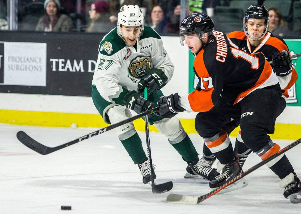 Silvertips Jalen Price fights for the puck during the game against the Medicine Hat Tigers on Feb. 8 in Everett. (Olivia Vanni / The Herald)