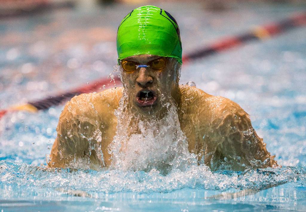 Shorewood junior Cole Nouwens tied for sixth place in the 100 breaststroke. (Olivia Vanni / The Herald)