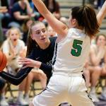 Glacier Peaks Madison Rubino tries to pass around Woodinvilles Katie Minnehan during the Class 4A Wes-King Bi-District Tournament title game Monday, Feb. 18, at North Creek High School. The fourth-ranked Grizzlies fell to the top-ranked Falcons 64-54. (Andy Bronson / The Herald)