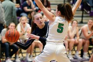 Glacier Peaks Madison Rubino tries to pass around Woodinvilles Katie Minnehan during the Class 4A Wes-King Bi-District Tournament title game Monday, Feb. 18, at North Creek High School. The fourth-ranked Grizzlies fell to the top-ranked Falcons 64-54. (Andy Bronson / The Herald)