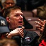 Todd Reihing, father of Jackson student and Turning Point USA member Jack Reihing, asks a question after Kyle Kashuvs talk. (Dan Bates / The Herald)