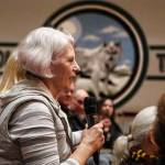 Debbie Blodgett, chairwoman Snohomish County Republicans, directs her questions to Kyle Kashuv on Wednesday night. (Dan Bates / The Herald)