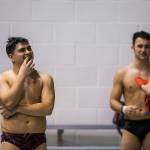 Cascades Joseph Hofman reacts to his dive score during the Mens 1 Meter Diving at the 4A Boys Swim/Dive Championships on Saturday, Feb. 16, 2019 in Federal Way, Wash. (Olivia Vanni / The Herald)