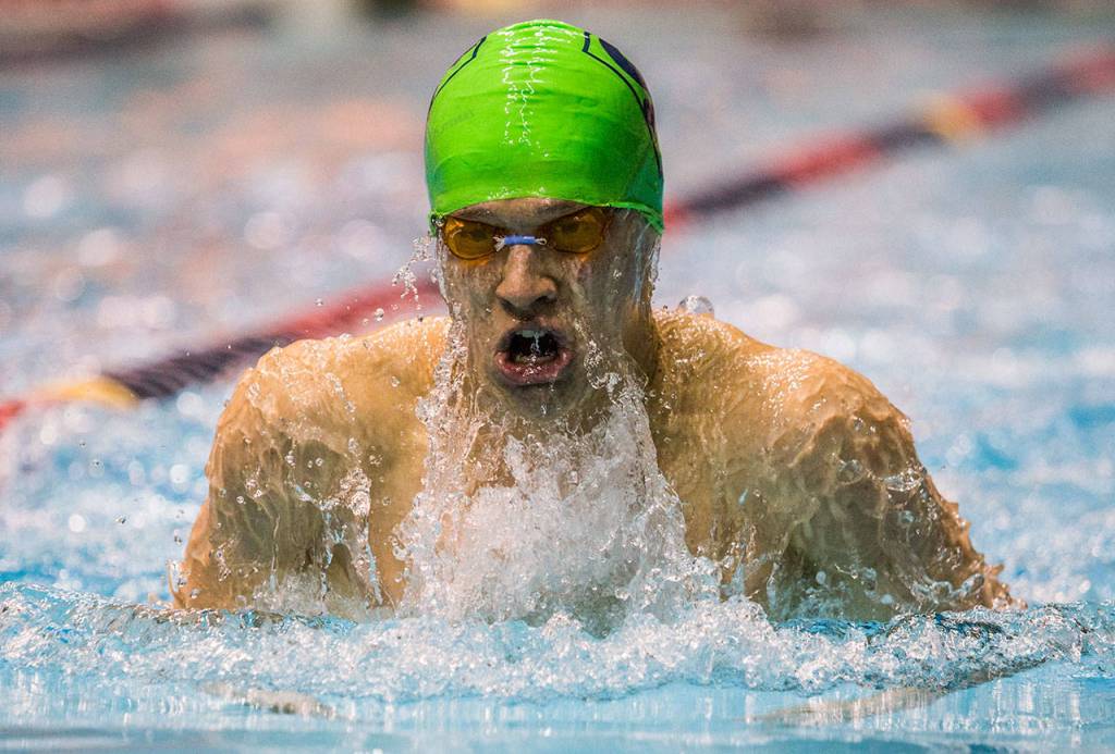 Shorewoods Cole Nouwens competes in the 100 Yard Breaststroke during the 3A Boys Swim/Dive Championships on Saturday, Feb. 16, 2019 in Federal Way, Wash. (Olivia Vanni / The Herald)