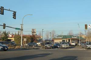 About a dozen lanes converge at the intersection of highways 9 and 204 in front of the Frontier Village Shopping Center in Lake Stevens. (Lizz Giordano / The Herald)