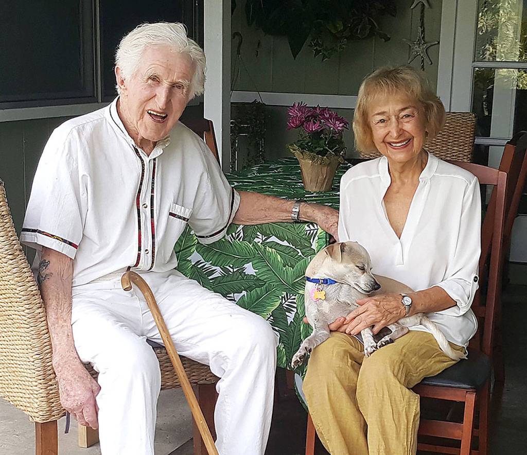 Peter Lawlor and Roberta Brown in front of Browns home near Honolulu. (Family photo)