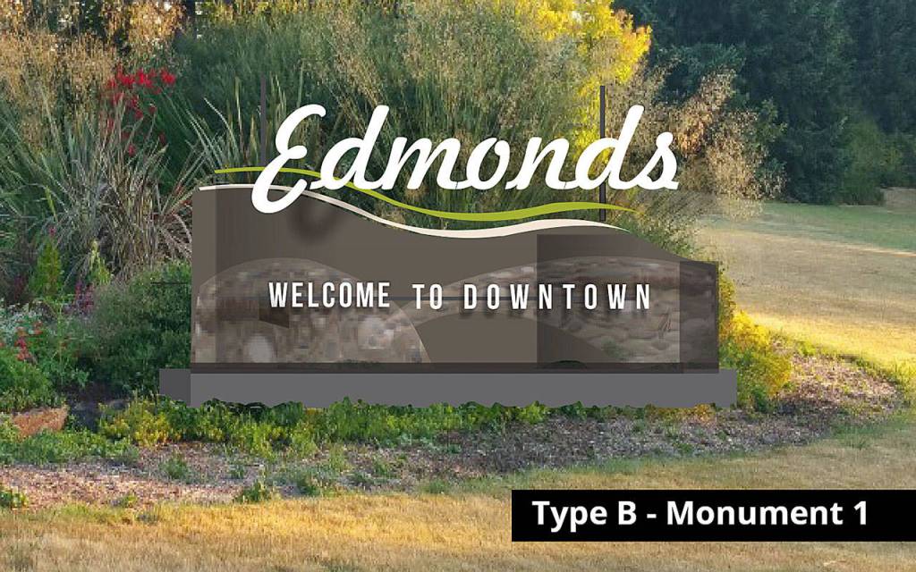 A design of the proposed downtown Edmonds gateway sign developed by the city through a process with Clayton Moss, a community committee and input from the previous open house and online survey. (Clayton Moss)