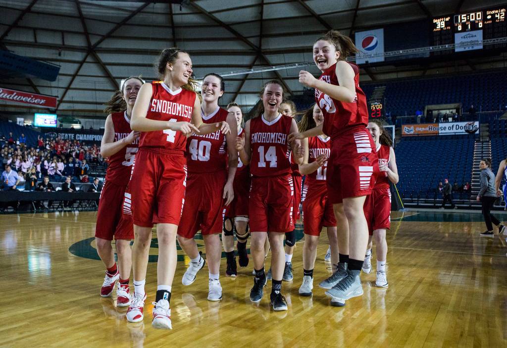 Snohomish celebrates after pulling out a win against Seattle Prep at the 3A Girls Hardwood Classic on Wednesday, Feb. 27, 2019 in Tacoma, Wash. (Olivia Vanni / The Herald)