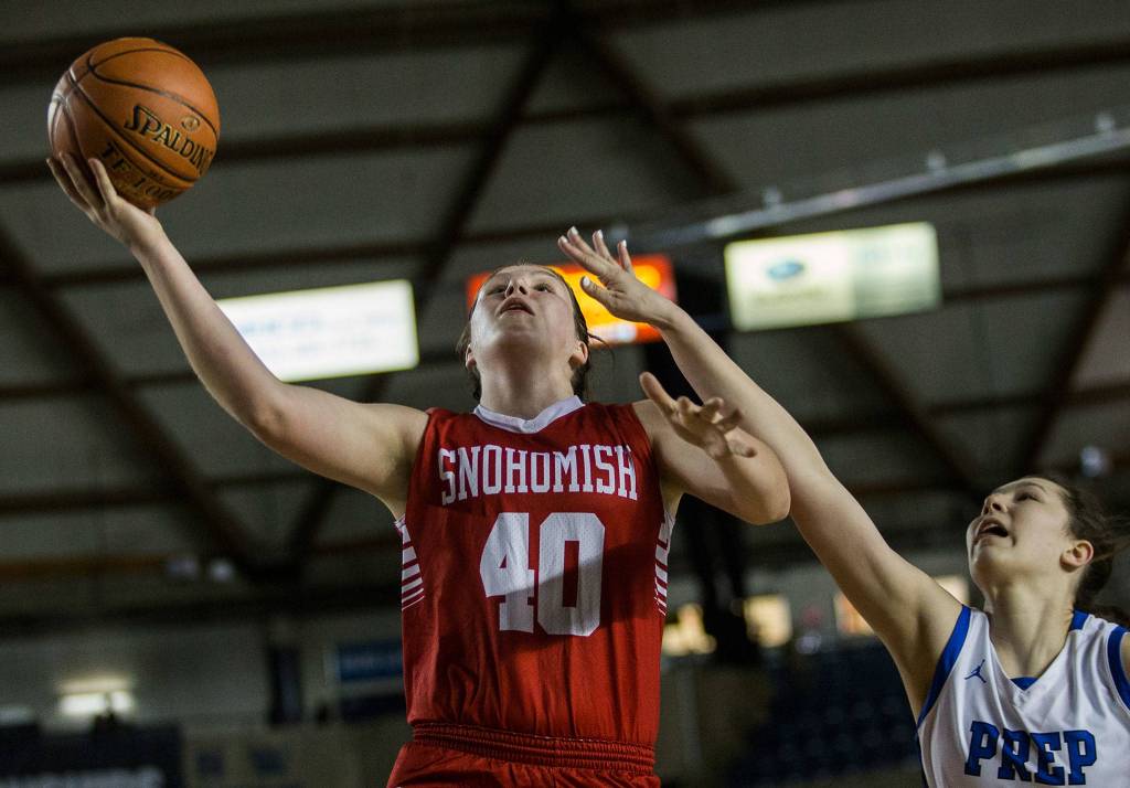 Snohomishs Courtney Perry attempts a layup during the game against Seattle Prep at the 3A Girls Hardwood Classic on Wednesday, Feb. 27, 2019 in Tacoma, Wash. (Olivia Vanni / The Herald)