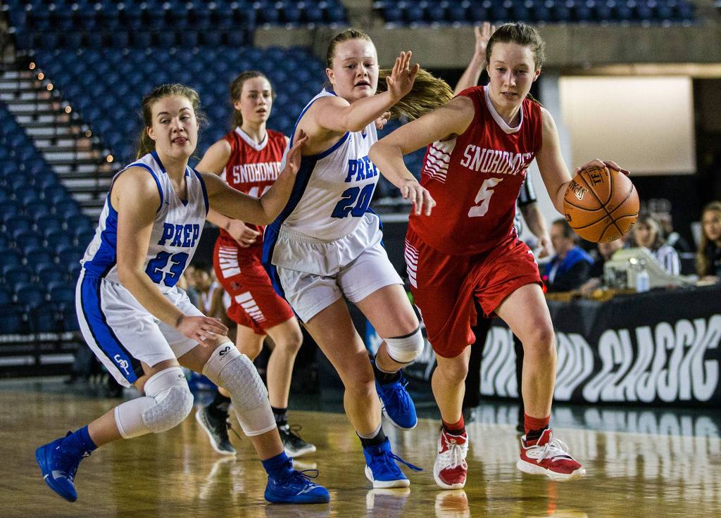 Snohomishs Ella Gallatin dribbles down the court during the game against Seattle Prep at the 3A Girls Hardwood Classic on Wednesday, Feb. 27, 2019 in Tacoma, Wash. (Olivia Vanni / The Herald)