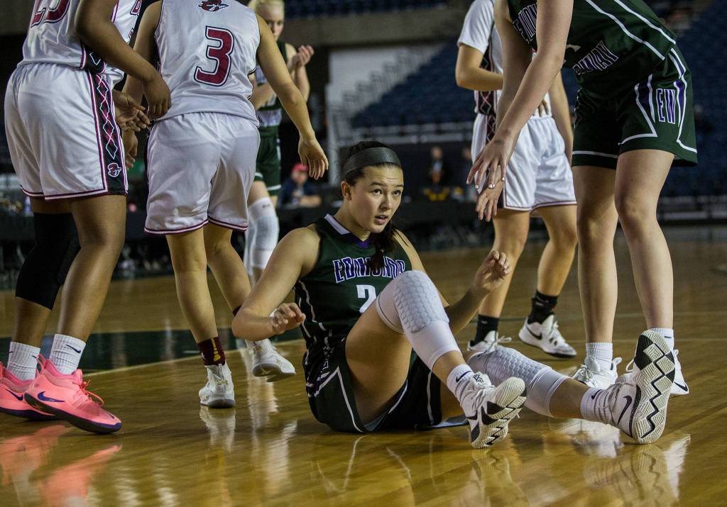 Edmonds-Woodways Rebekah Dasalla looks to the referee for a foul call during the game against Bethel at the 3A Girls Hardwood Classic on Wednesday, Feb. 27, 2019 in Tacoma, Wash. (Olivia Vanni / The Herald)
