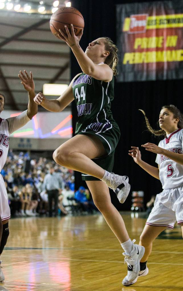 Edmonds-Woodways Adrienne Poling attempts a layup during the game against Bethel at the 3A Girls Hardwood Classic on Wednesday, Feb. 27, 2019 in Tacoma, Wash. (Olivia Vanni / The Herald)