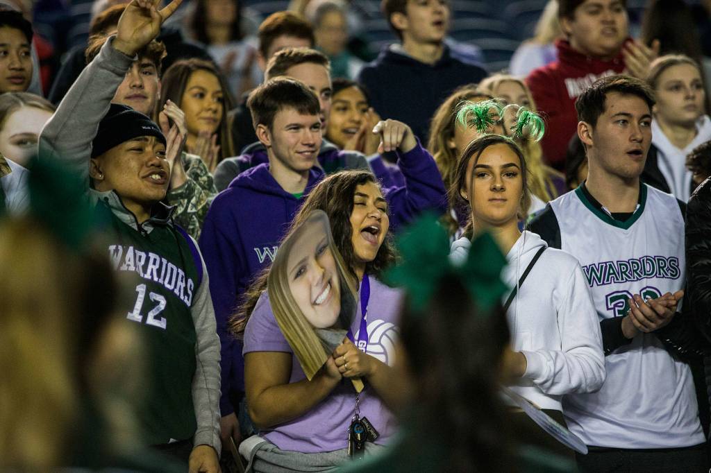 Edmonds-Woodway fans cheer during the game against Bethel at the 3A Girls Hardwood Classic on Wednesday, Feb. 27, 2019 in Tacoma, Wash. (Olivia Vanni / The Herald)