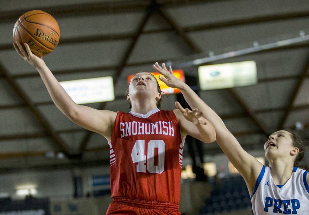 Snohomishs Courtney Perry attempts a layup during the game against Seattle Prep at the 3A Girls Hardwood Classic on Wednesday, Feb. 27, 2019 in Tacoma, Wash. (Olivia Vanni / The Herald)