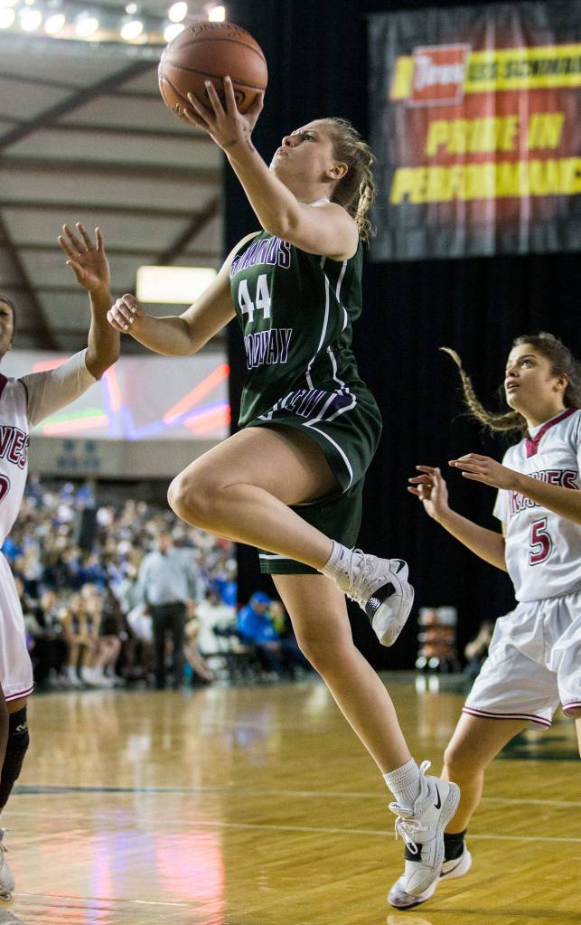 Edmonds-Woodways Adrienne Poling attempts a layup during the game against Bethel at the 3A Girls Hardwood Classic on Wednesday, Feb. 27, 2019 in Tacoma, Wash. (Olivia Vanni / The Herald)