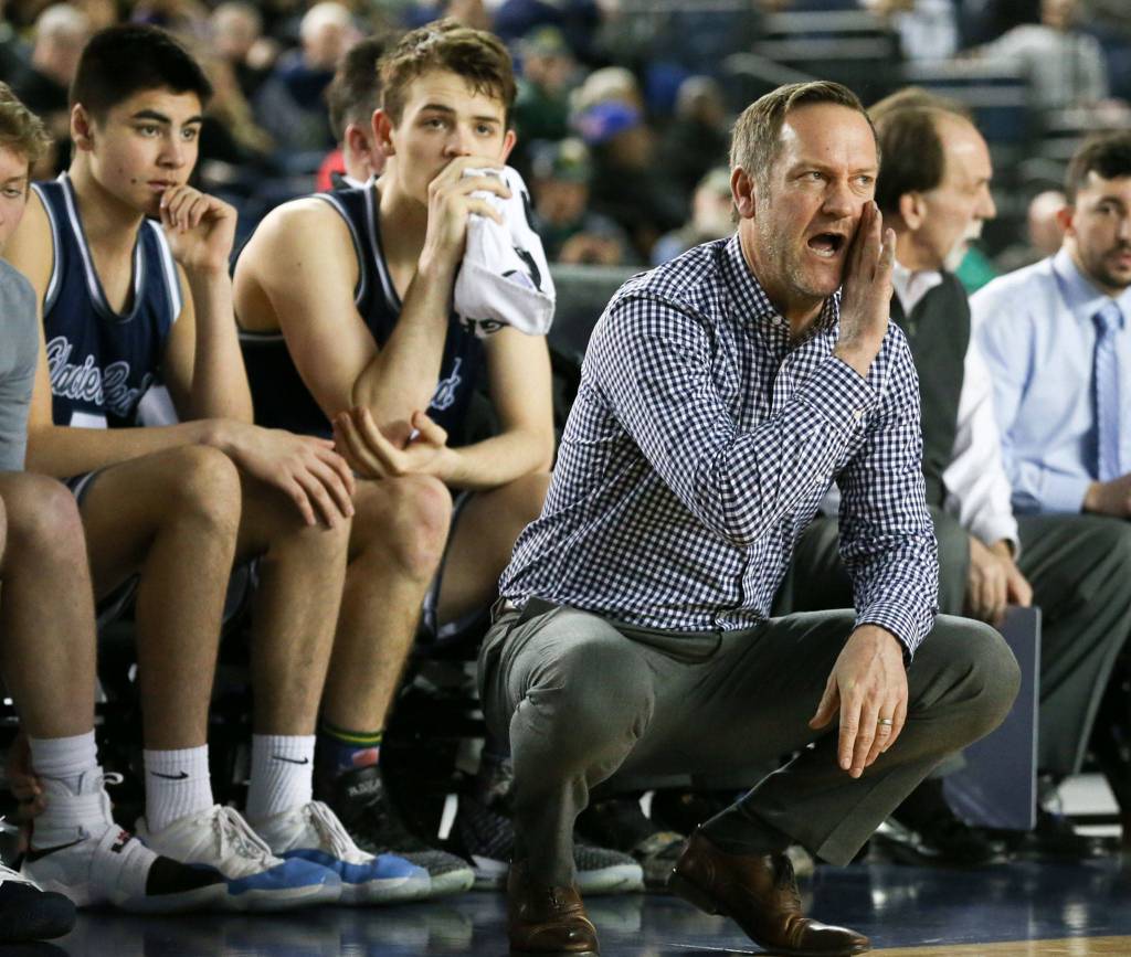 Brian Hunter, Glacier Peak head coach calls the play against Curtis Wednesday afternoon at the Tacoma Dome on February 27, 2019. The Grizzles lost 46-43. (Kevin Clark / The Herald)
