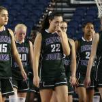 Edmonds-Woodway walks off the court after loosing to Prairie Thursday morning at the Tacoma Dome on February 28, 2019. The Warriors lost 58-39.(Kevin Clark / The Herald)