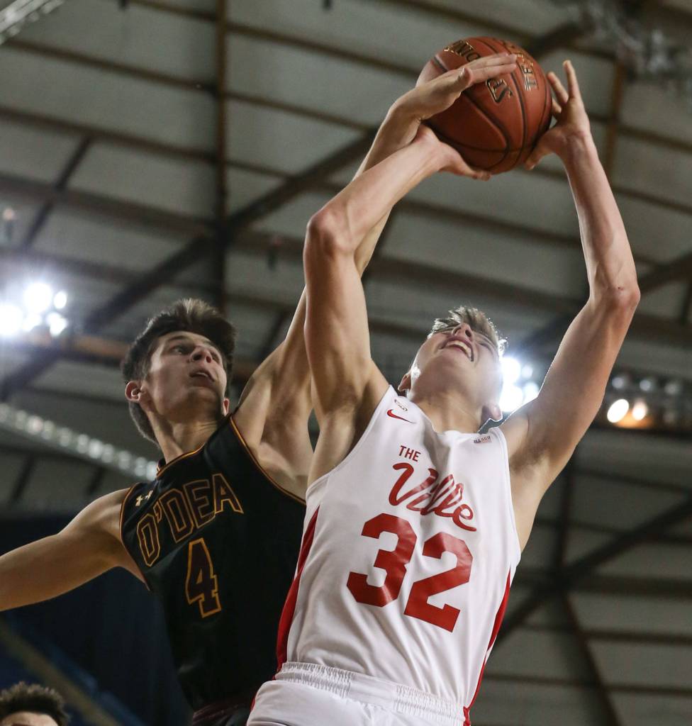 ODea John Misel blocks Marysville-Pilchucks Aaron Kalab shots Thursday afternoon at the Tacoma Dome on February 28, 2019. The Tomahawks lost 63-53. (Kevin Clark / The Herald)