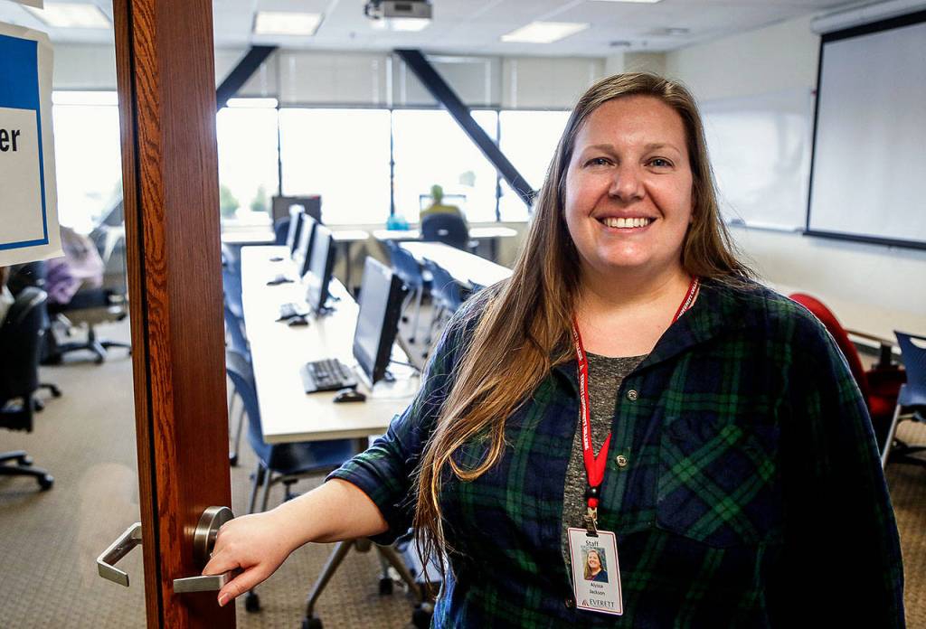 Alyssa Jackson, 35, is a graduate of EvCCs East County Campus who went on to earn a bachelors degree and now works at the college in Monroe. (Dan Bates / The Herald)