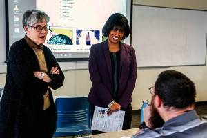 Ciera Graham (center), the new director of Everett Community Colleges East County Campus in Monroe, with longtime instructor Sandy Lepper and student Leon Field (Dan Bates / The Herald)