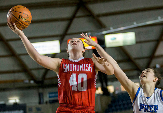 Snohomishs Courtney Perry attempts a layup during a game against Seattle Prep at the Hardwood Classic on Feb. 27 in the Tacoma Dome. (Olivia Vanni / The Herald)