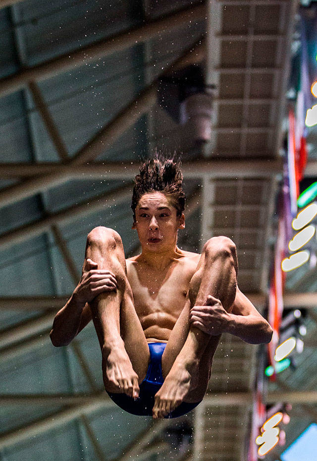 Shorewoods Isaac Poole warms up before the 1 meter diving competition during the Class 3A Boys Swim/Dive Championships on Feb. 16 at King County Aquatics Center in Federal Way. (Olivia Vanni / The Herald)