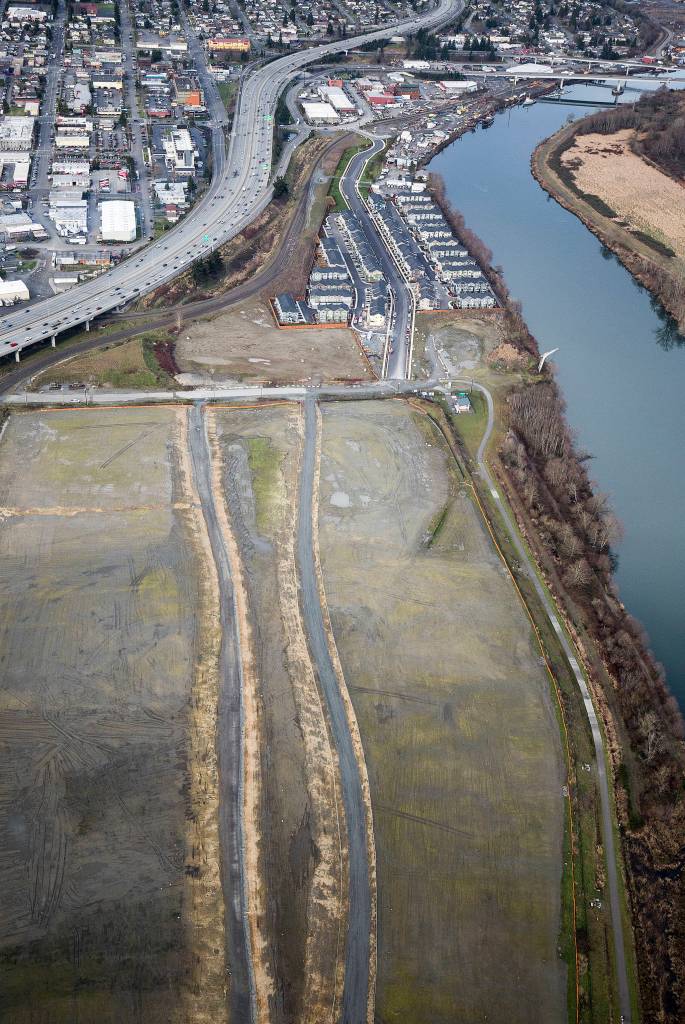 An aerial view of the Riverfront development, with its commercial district spread across a 70-acre parcel, site of a former landfill, seen on Jan. 15 in Everett. (Andy Bronson / The Herald)