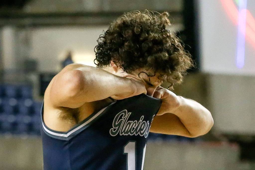 Glacier Peaks Brayden Quantrille reacts as the time runs down against Curtis at the Tacoma Dome on Feb. 27. The Grizzles lost 46-43. (Kevin Clark / The Herald)