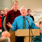 Dr. Scott Casselman speaks out against airport expansion at Paine Field during a 2005 town hall meeting in Mukilteo. Now that commercial airline service has started, the Mukilteo resident hasnt changed his views. (Dan Bates / The Herald)