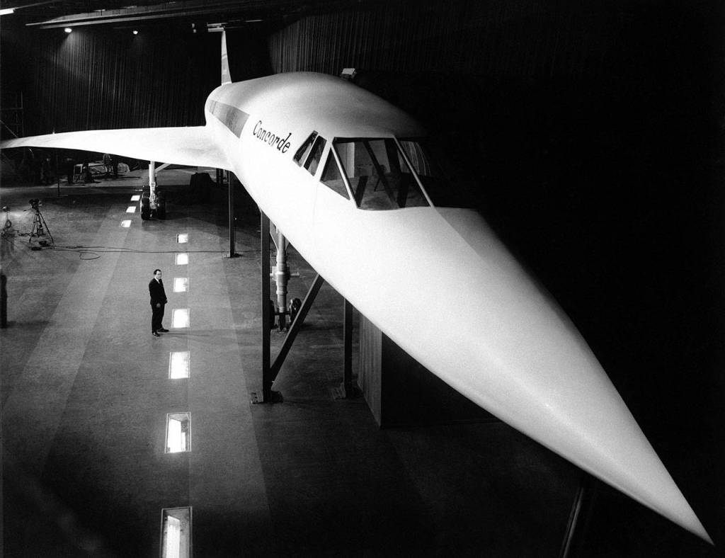 This February 1967 photo shows a full scale mock-up of the British-French supersonic airliner Concorde at the British Aircraft Corporation factory at Filton, Bristol, England. (AP Photo, File)