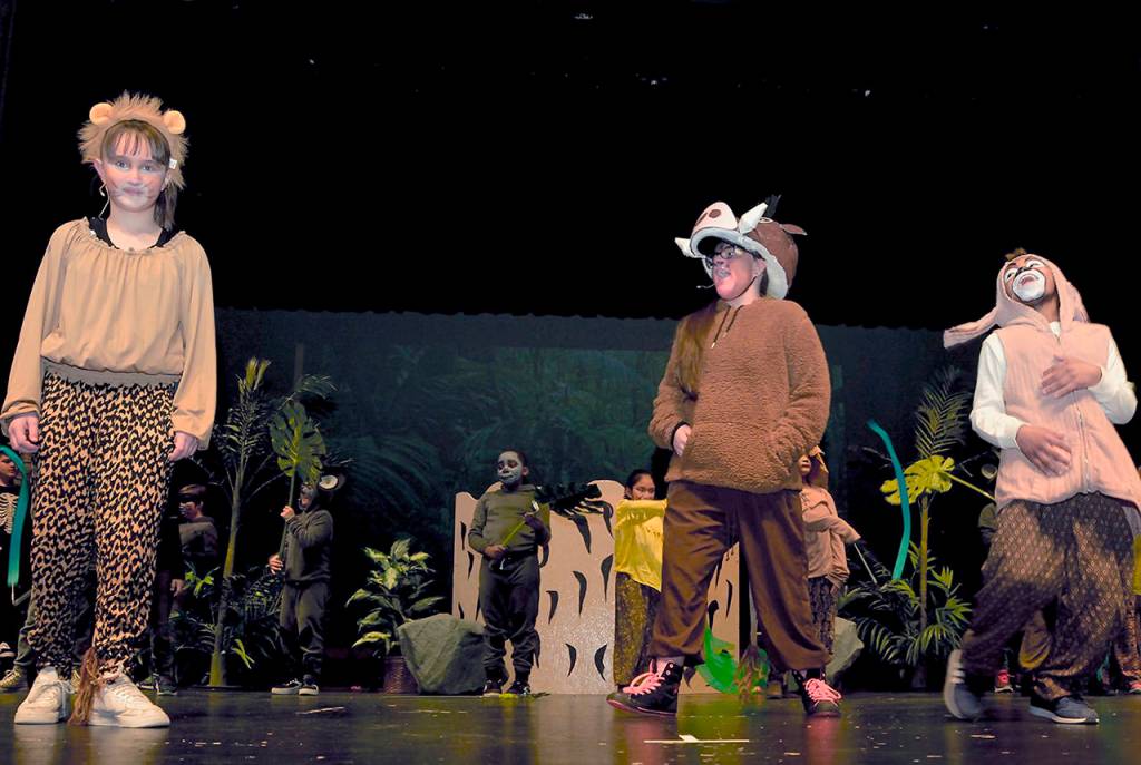 Young Simba Janella Sepulveda, Pumba Regina Hensley and Timon Aiden Sterling. (Kim Burke)