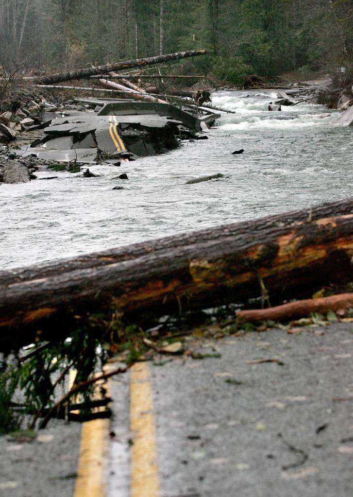 Election Day flooding in 2006 caused heavy damage along Index-Galena Road. Most sections have since been repaired, but not the stretch between mile post 6.4 and 6.9. (Jennifer Buchanan / Herald file)