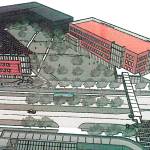 One of three options for the location of a proposed learning resource center at Everett Community College, with the building on the east side of Broadway and the street spanned by a pedestrian bridge. (Everett Community College)