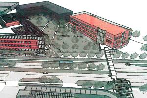 One of three options for the location of a proposed learning resource center at Everett Community College, with the building on the east side of Broadway and the street spanned by a pedestrian bridge. (Everett Community College)