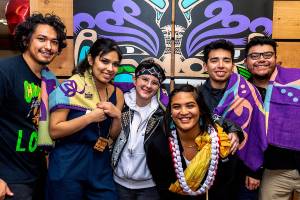 With Emma Kaahaaina (fourth from left in lei), program manager of EvCCs Diversity & Equity Center, are members of the colleges First Nations Club who proposed a space for Native American, Indigenous and Pacific Islander students. They are, from left, Cullen Zackuse, Kayah George, Tara Duffin, Sebastian Corrales and Rafael Alverez. (Photo by Derek Walker, EvCC)
