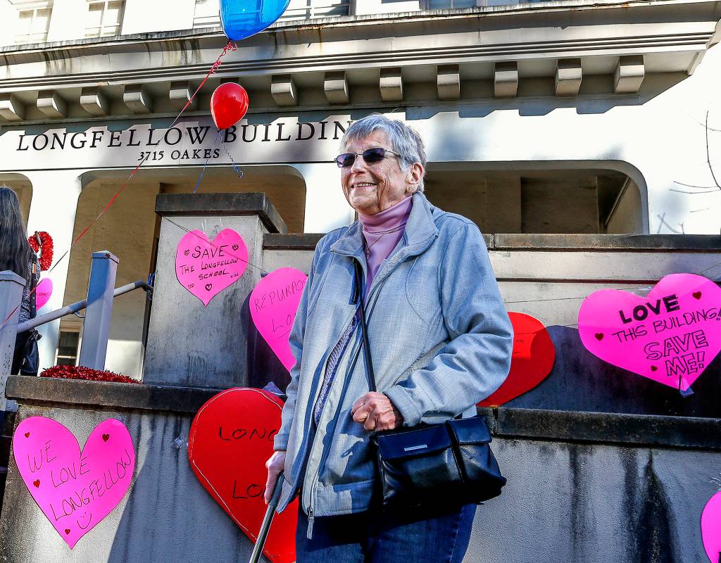 Jan Carlson, 79, visits the old Longfellow School during the heart-bomb. Carlson attended the school from 1944 through 1949. She remembers doing black-out drills during World War II. (Dan Bates / The Herald)