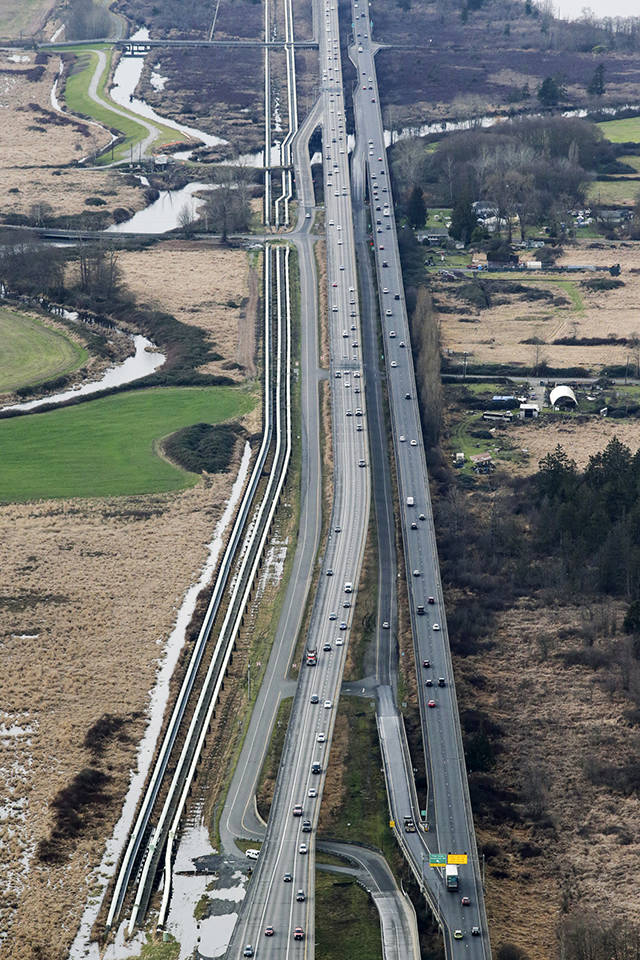 This photo of U.S. 2 and the trestle looking south and west was taken Jan. 15, 2019 in Everett. (Andy Bronson / Herald file)