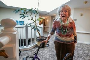 Ruth May Scougale will celebrate her 100th birthday Sunday at the Josephine home in Stanwood. Born and raised in Australia, she was a war bride who taught at Everett High School and Cascade High. (Dan Bates / The Herald)