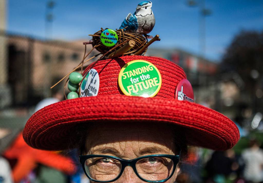 Carol McRoberts wears a hat displaying political and climate change pins during the Youth Climate Strike at Cal Anderson Park in Seattle on Friday. (Olivia Vanni / The Herald)