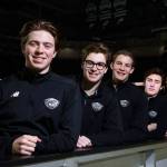 Members of the Everett Silvertips vaunted 1999-born draft class Jake Christiansen, Bryce Kindopp, Riley Sutter, Connor Dewar and Wyatte Wylie (from left to right). (Olivia Vanni / The Herald)